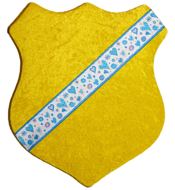 Märkessköld - Krossad gul med blå hjärtan